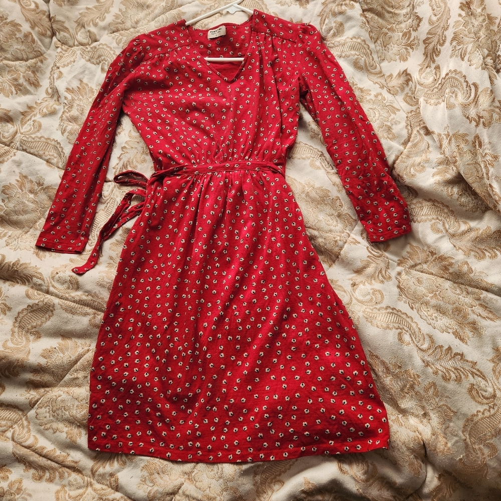 People Tree Red Long Sleeve Wrap Dress with Small Floral Print